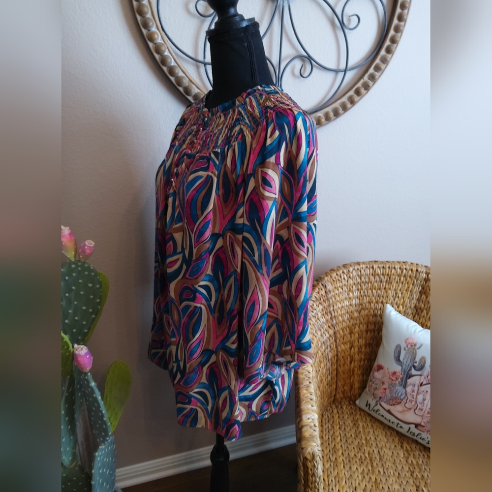 Investments Multicolor Leaf-Print Smocked-Neck Blouse - Picture 8 of 11